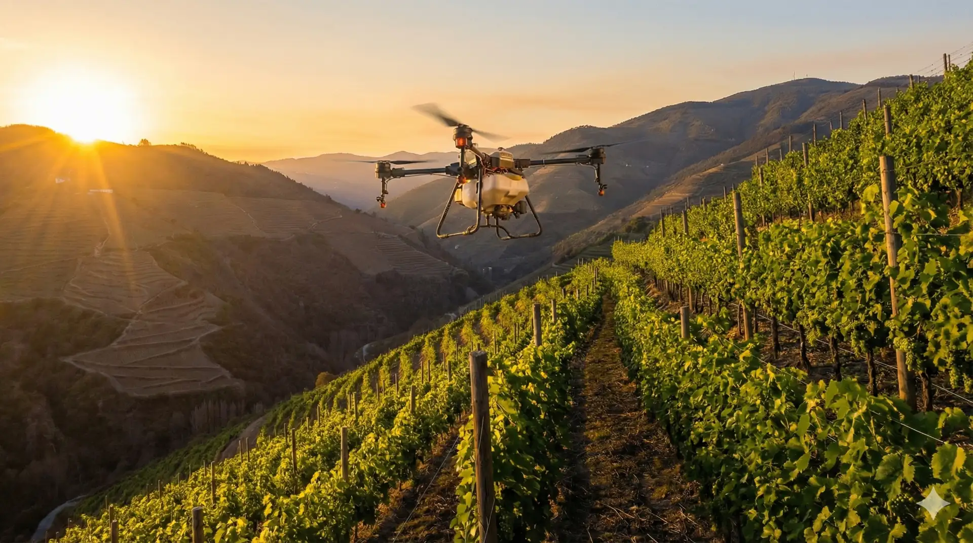 Sprühdrohne im Weinberg Steillagen